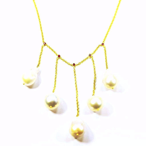 14k Ruby & Baroque Pearl Fringe Necklace - Eraya Diamonds