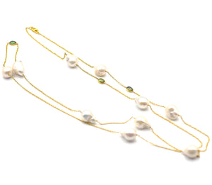 14K solid gold Baroque Pearl & Tourmaline Station Necklace - Eraya Diamonds