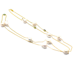 14K solid gold Baroque Pearl & Tourmaline Station Necklace - Eraya Diamonds