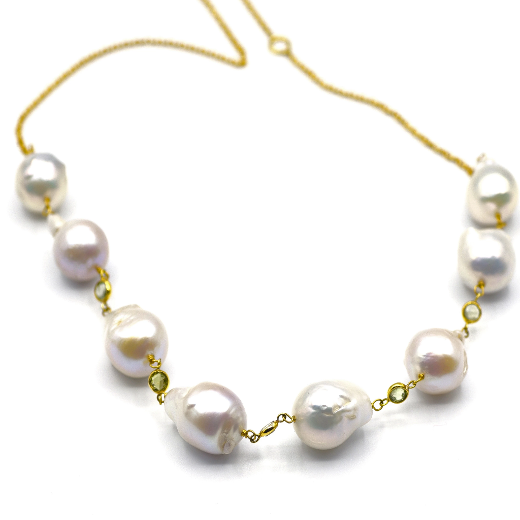 14K& 18K Baroque Pearl Peridot Choker Necklace